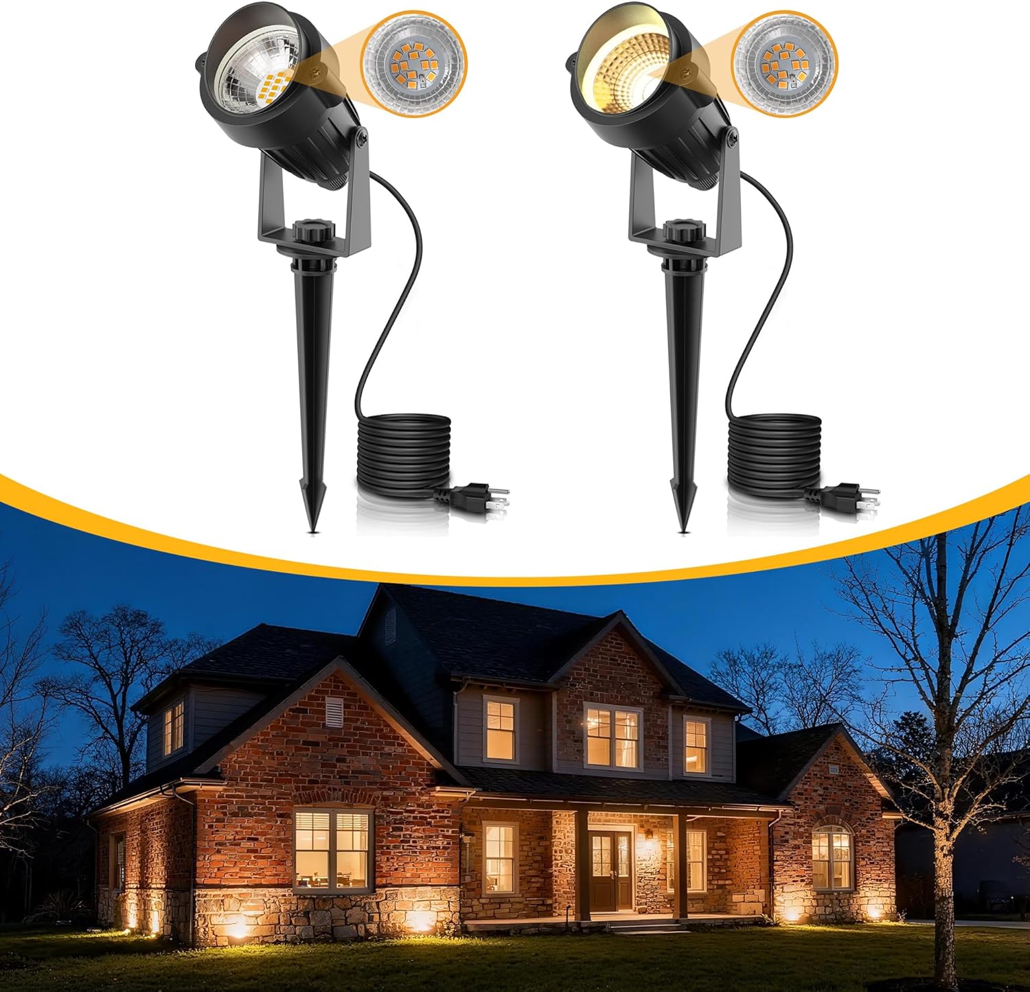 Outdoor LED Spotlights, 5W Landscape Lights (Non-Photocell), 2-Pack, IP66, Warm White 3000K, UL Plug