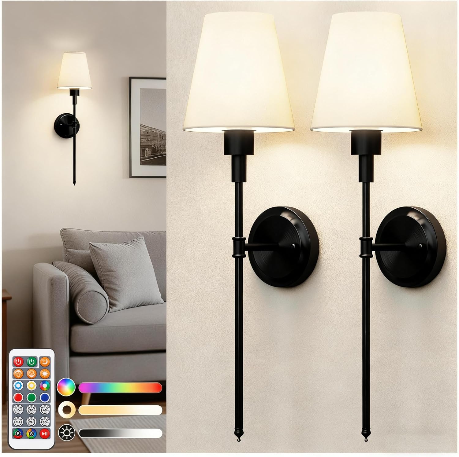 Rechargeable Battery Operated Wall Sconce, 2-Pack, Black with White Fabric Shade, Remote RGB+CCT