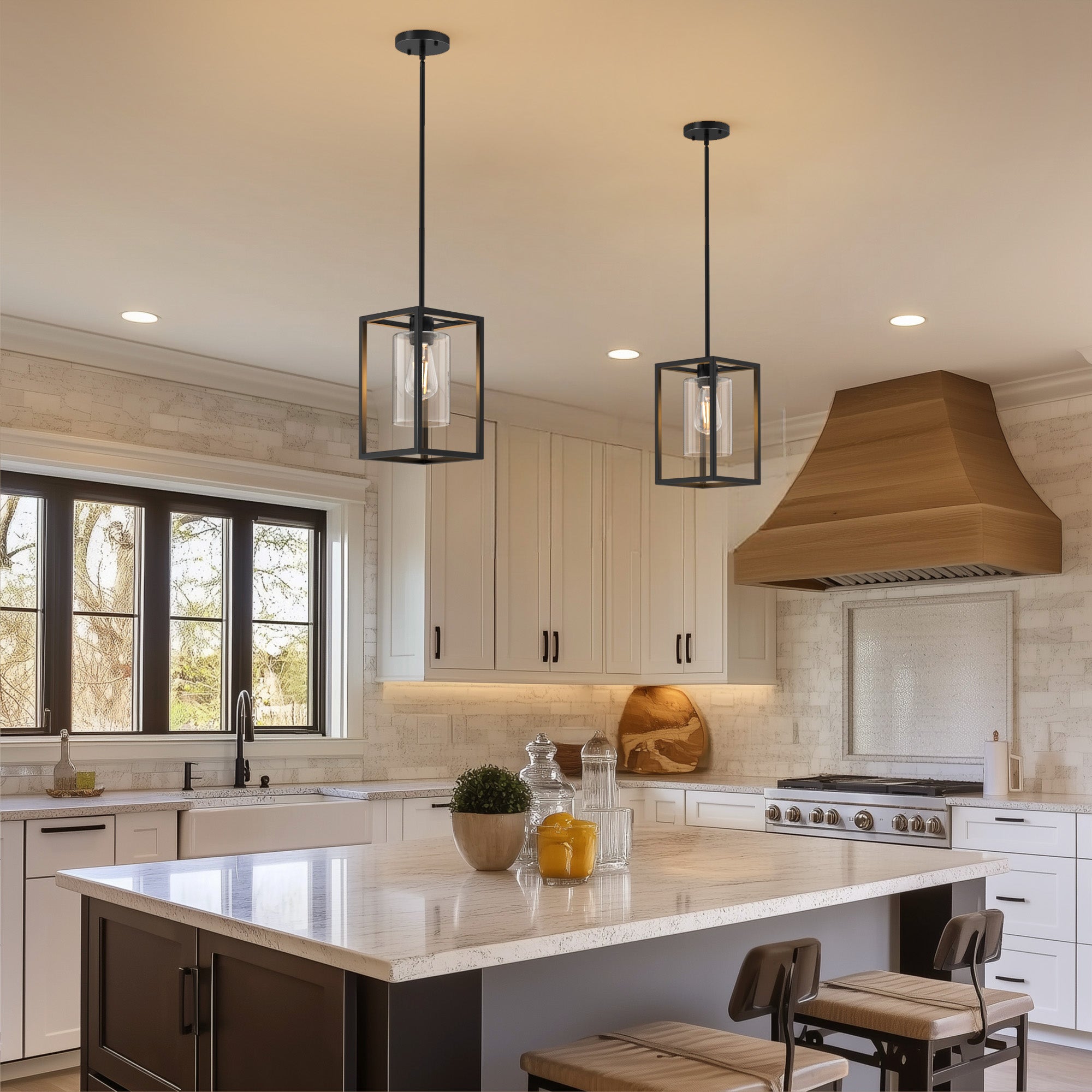 LOHAS LED 复古单灯经典美式黑色吊灯，金属框架，玻璃灯罩，E26灯头，适用于餐厅和厨房