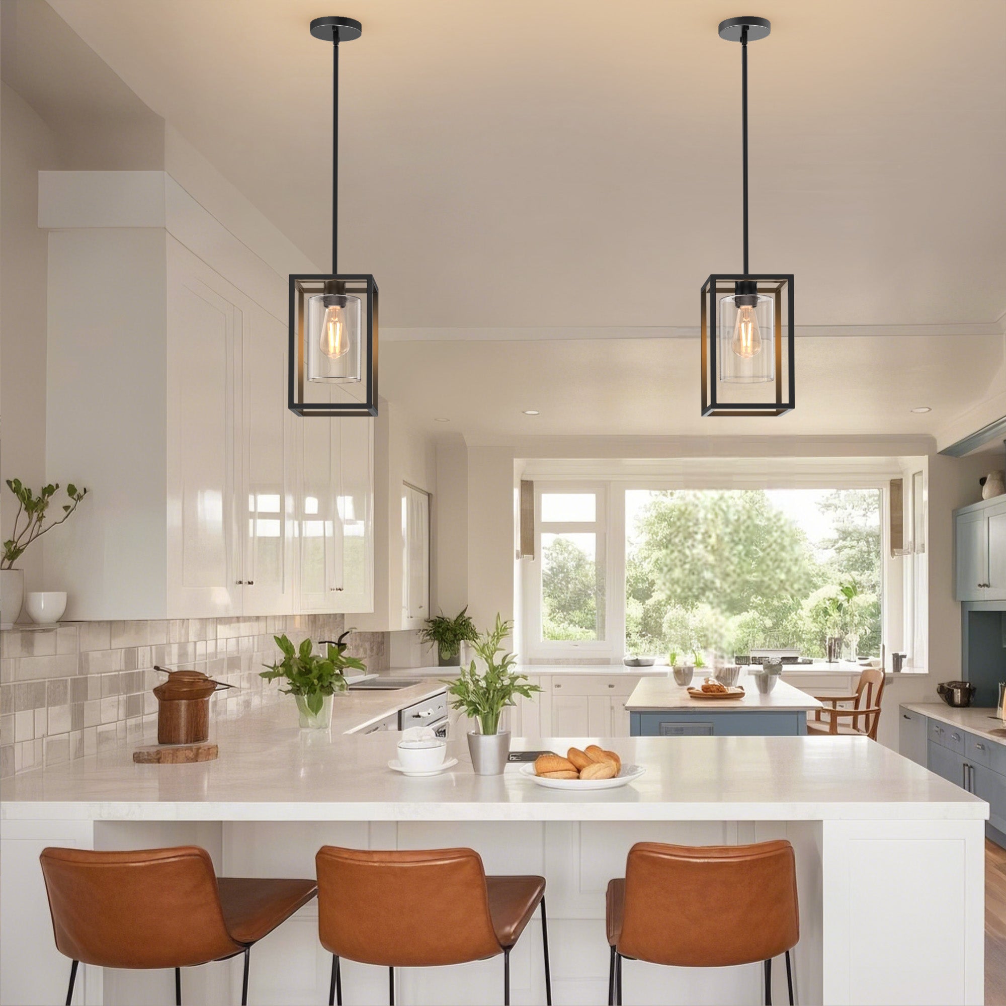 LOHAS LED 复古单灯经典美式黑色吊灯，金属框架，玻璃灯罩，E26灯头，适用于餐厅和厨房