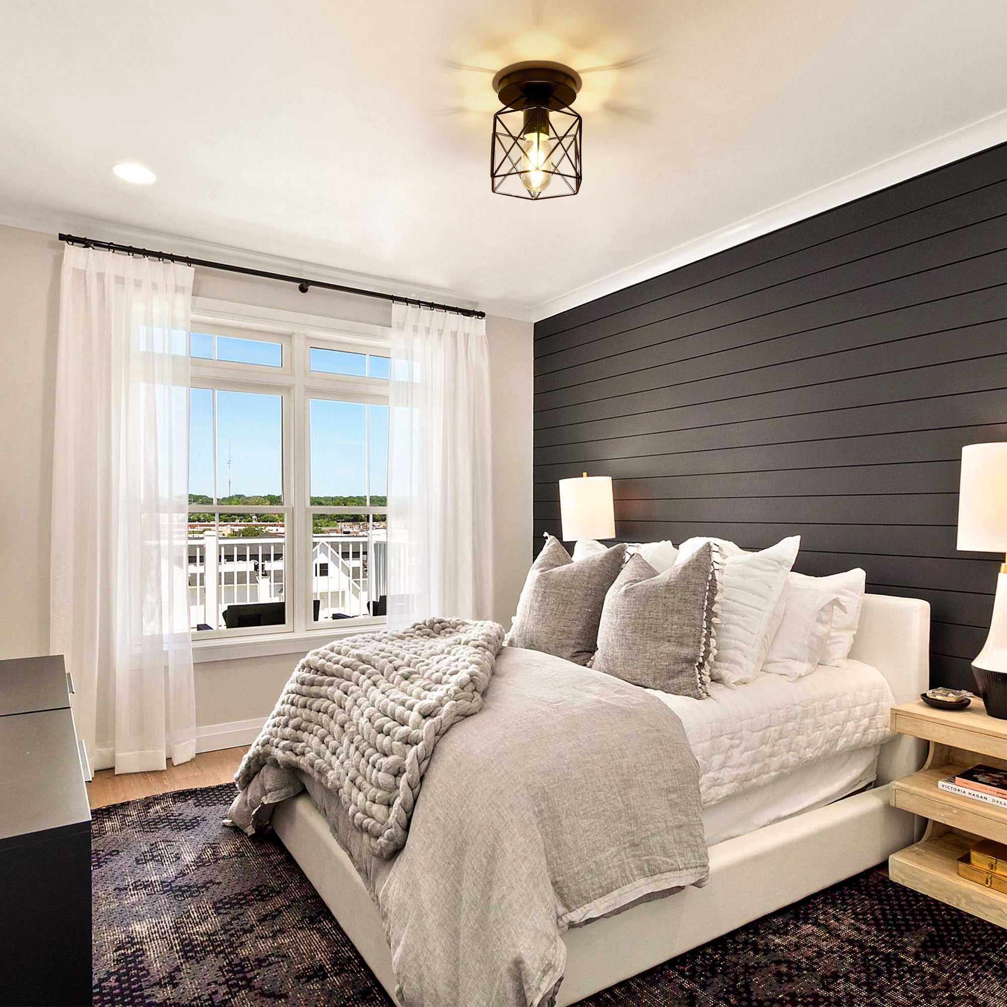 LOHAS LED 复古工业半吸顶灯，复古黑色吸顶灯 E26，迷你金属笼吸顶吊灯，适用于走廊、楼梯、厨房、车库。 